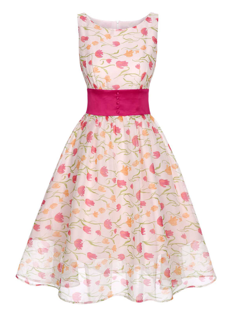 1950s Boat Neck Tulip Button Sleeveless Dress