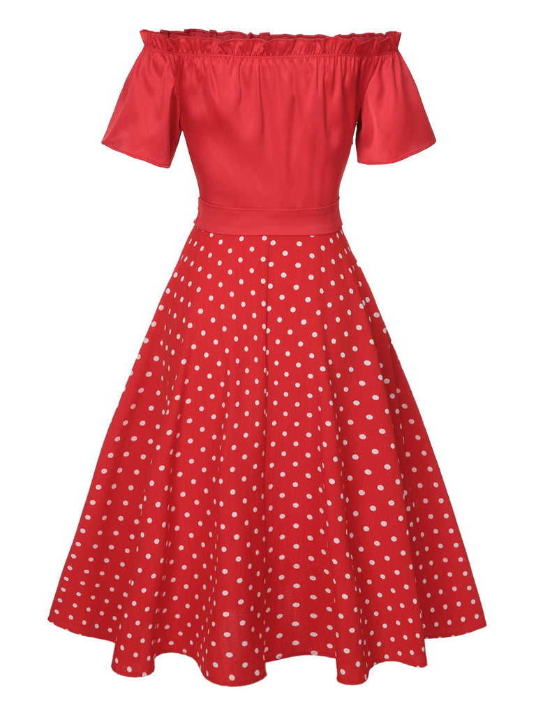 Red 1950s Off-Shoulder Polka Dots Belted Dress