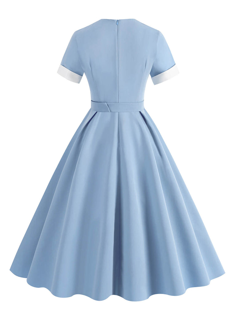 1950s Solid Contrast V-Neck Swing Dress