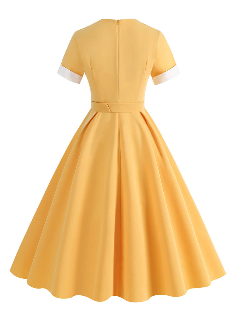 1950s Solid Contrast V-Neck Swing Dress