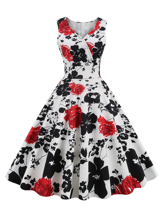 1950s V-Neck Floral Sleeveless Dress