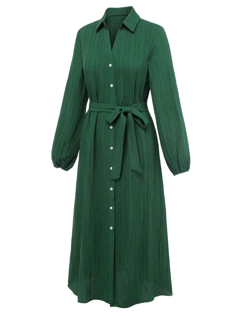 Green 1960s Lapel Loose Belted Dress