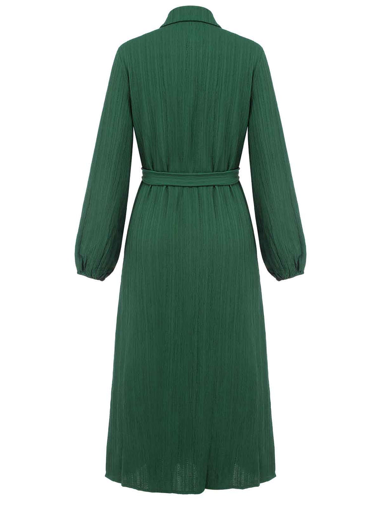 Green 1960s Lapel Loose Belted Dress