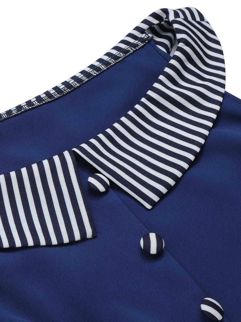 Dark Blue 1960s Buttoned Stripes Dress