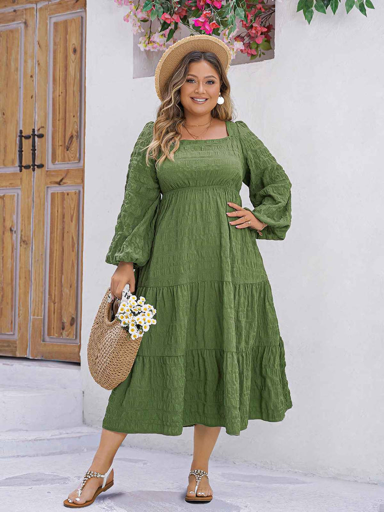 [Plus Size] Green 1950s Square Neck Solid Dress