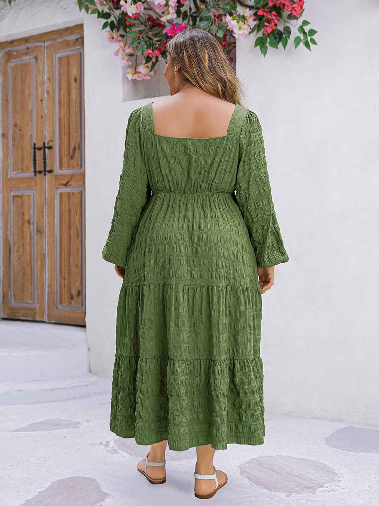 [Plus Size] Green 1950s Square Neck Solid Dress