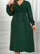 [Plus Size] Green 1940s V-Neck Solid Belted Dress