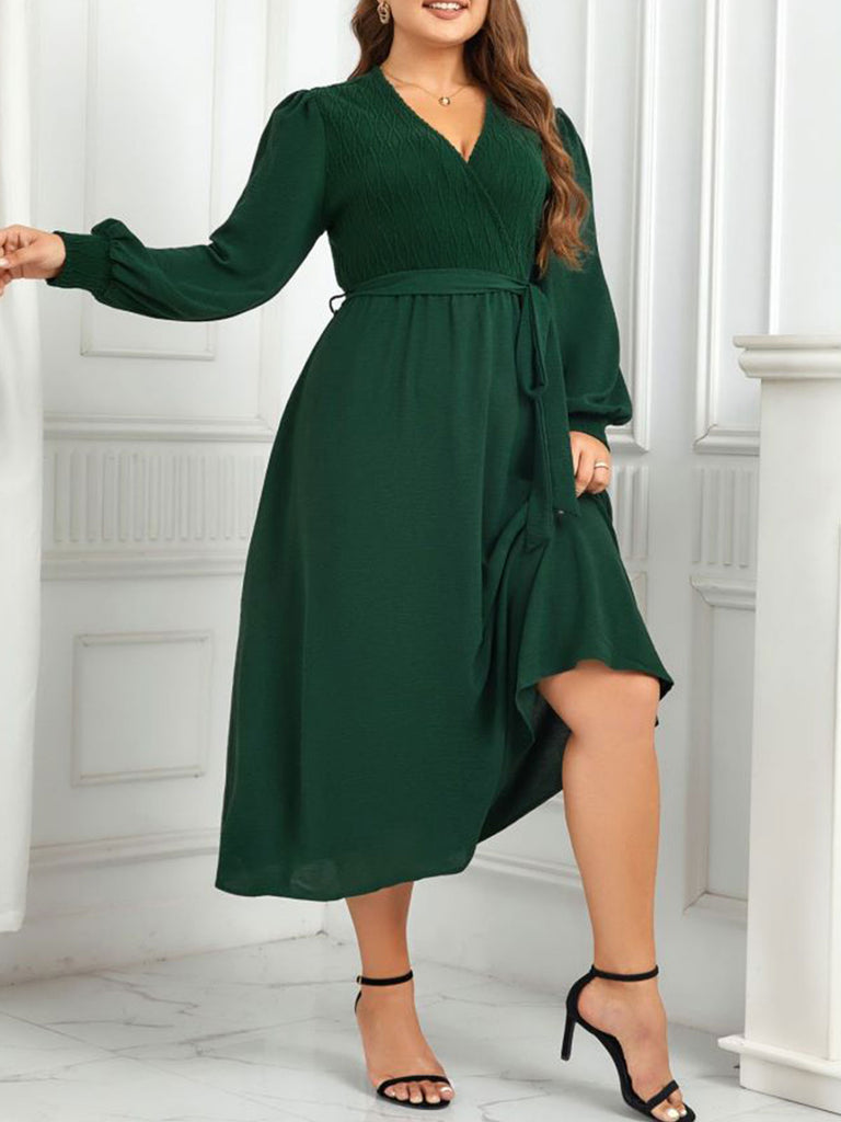 [Plus Size] Green 1940s V-Neck Solid Belted Dress