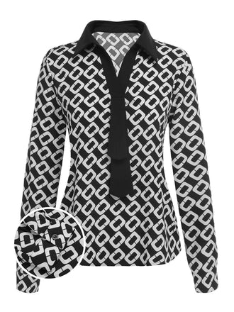 Black 1940s Geometric Patchwork Ribbon Blouse