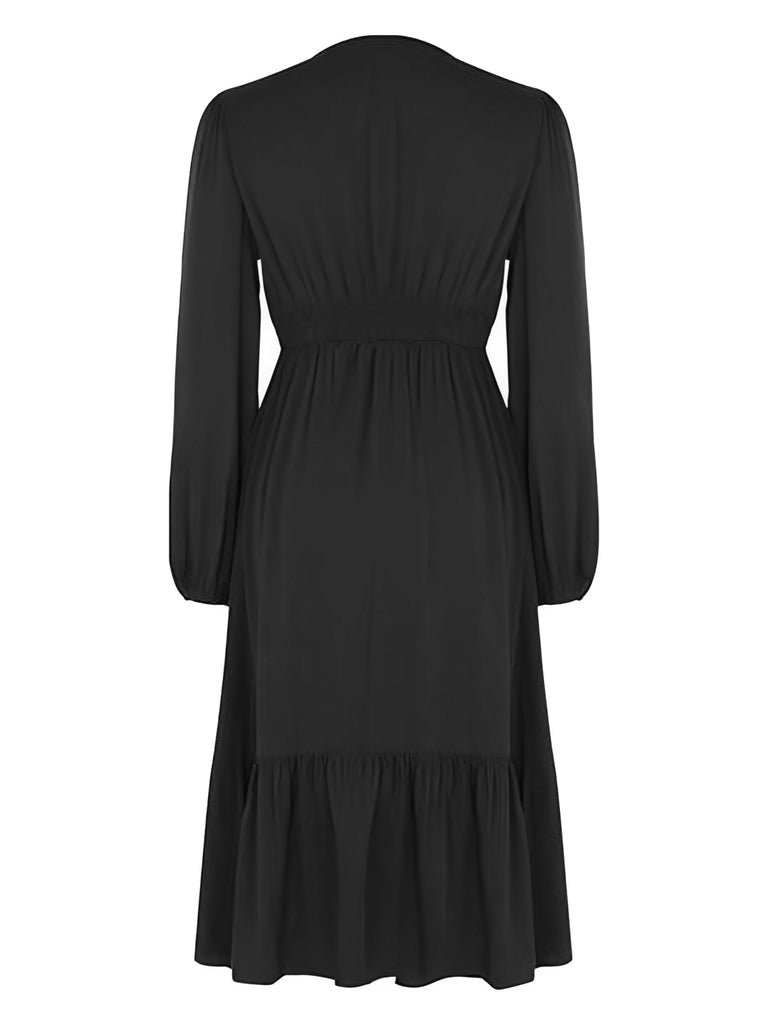 Black 1960s V-Neck Puff Sleeve Solid Dress