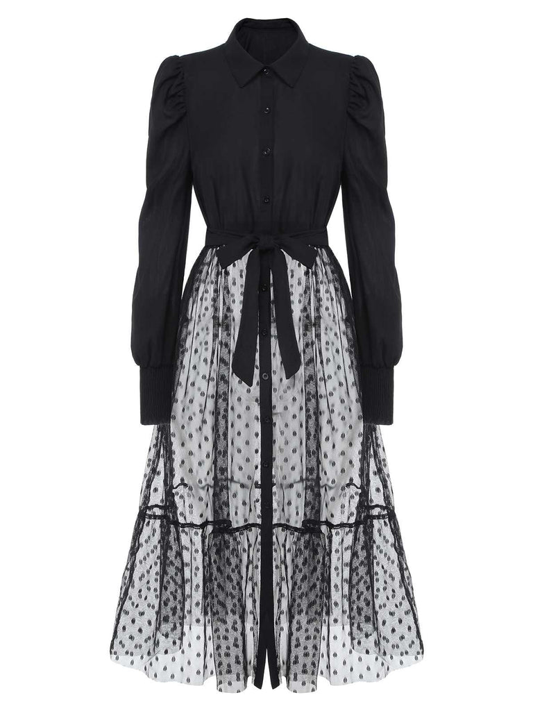 Black 1960s Lace Patchwork Shirt Dress