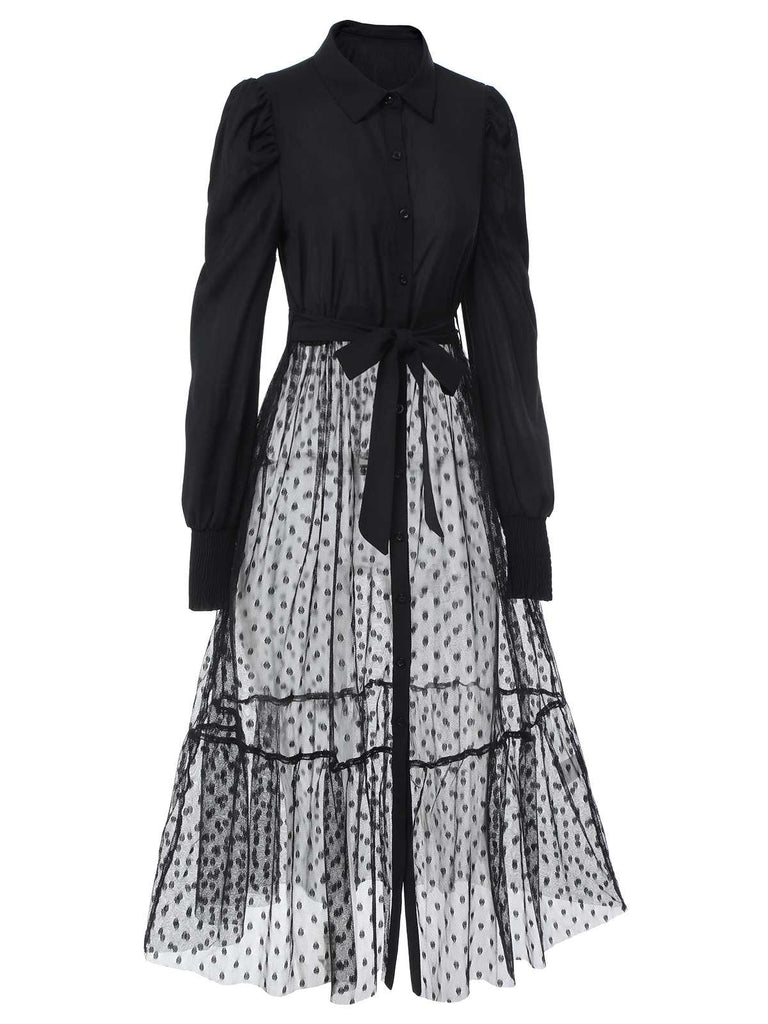 Black 1960s Lace Patchwork Shirt Dress