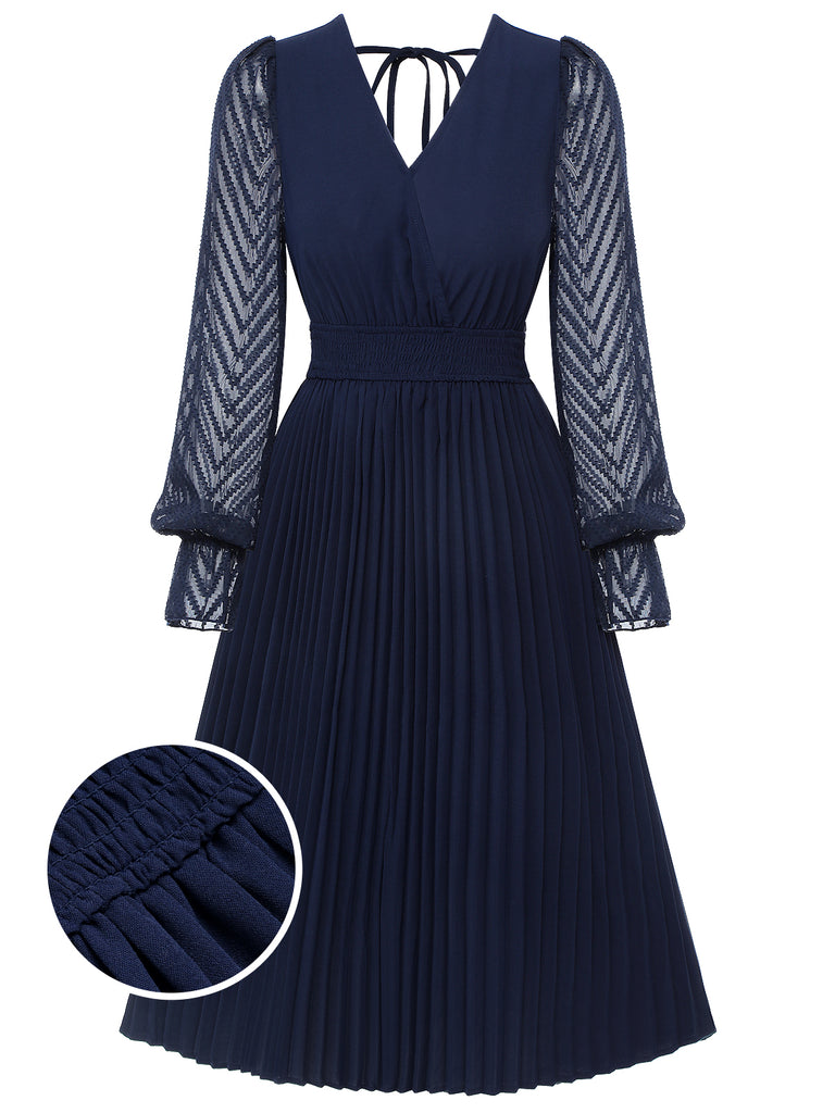 Dark Blue 1960s Jacquard V-Neck Bishop Sleeve Dress