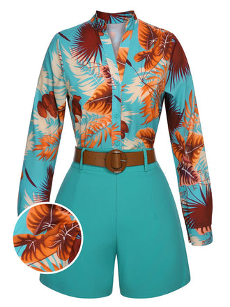 2PCS Blue 1970s Tropical Blouse & Shorts With Belt