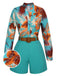 2PCS Blue 1950s Tropical Blouse & Shorts With Belt