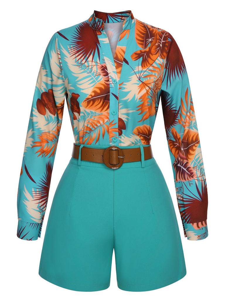 2PCS Blue 1950s Tropical Blouse & Shorts With Belt