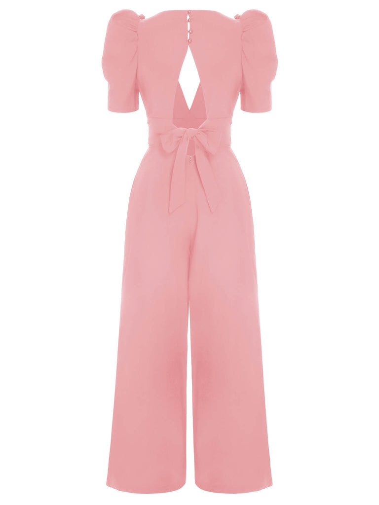 1930s Solid Deep V Puff Sleeves Jumpsuit