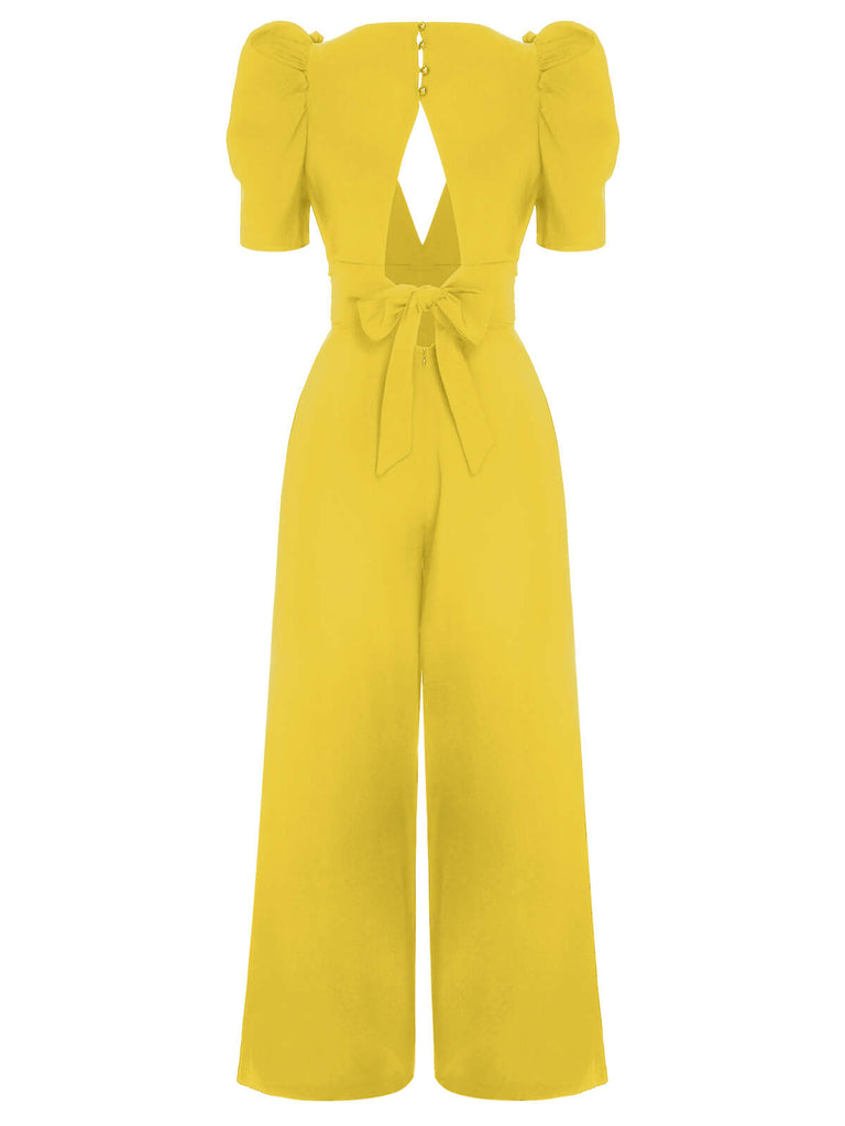 1930s Solid Deep V Puff Sleeves Jumpsuit