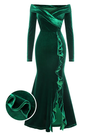 Green 1930s Velvet Off-Shoulder Ruffle-Trim Mermaid Dress