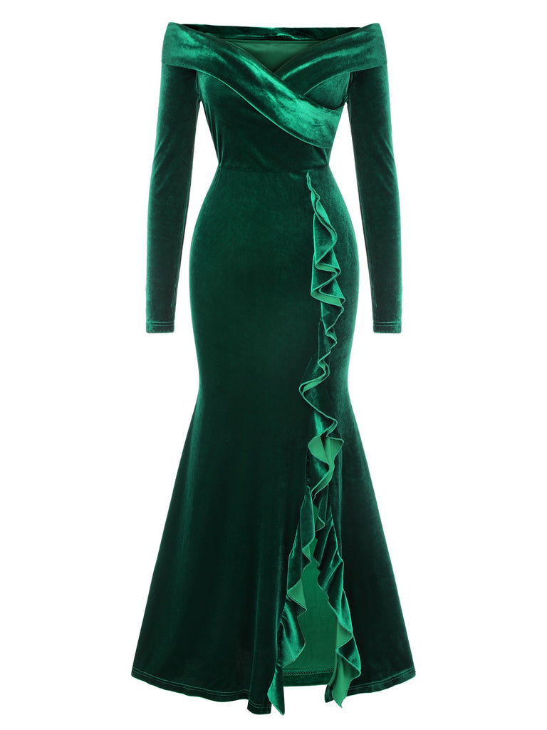 Green 1930s Velvet Off-Shoulder Ruffle-Trim Mermaid Dress