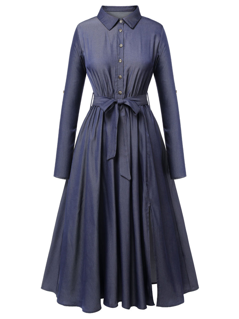 Blue 1940s Solid Shirt Collar Belt Dress