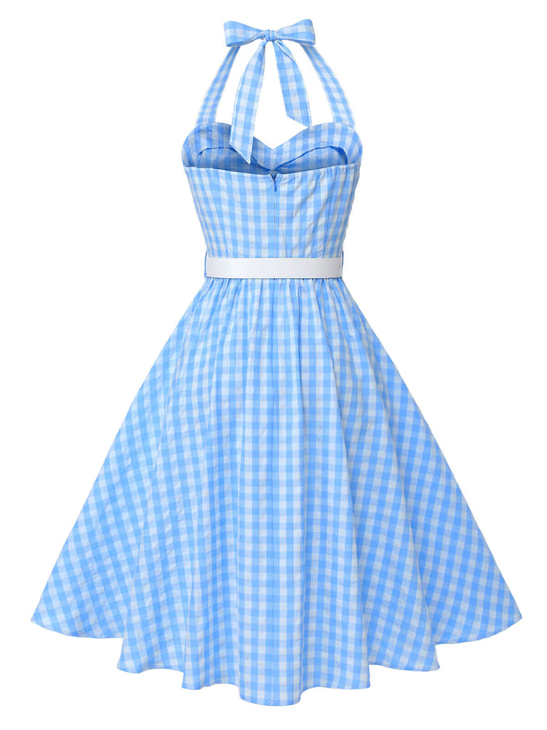Light Blue 1950s Plaid Halter Swing Dress