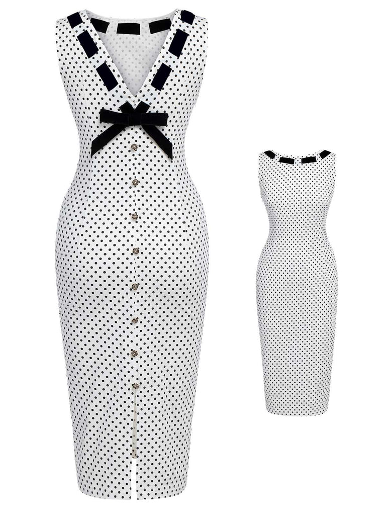 White 1960s Polka Dot Button Pencil Dress