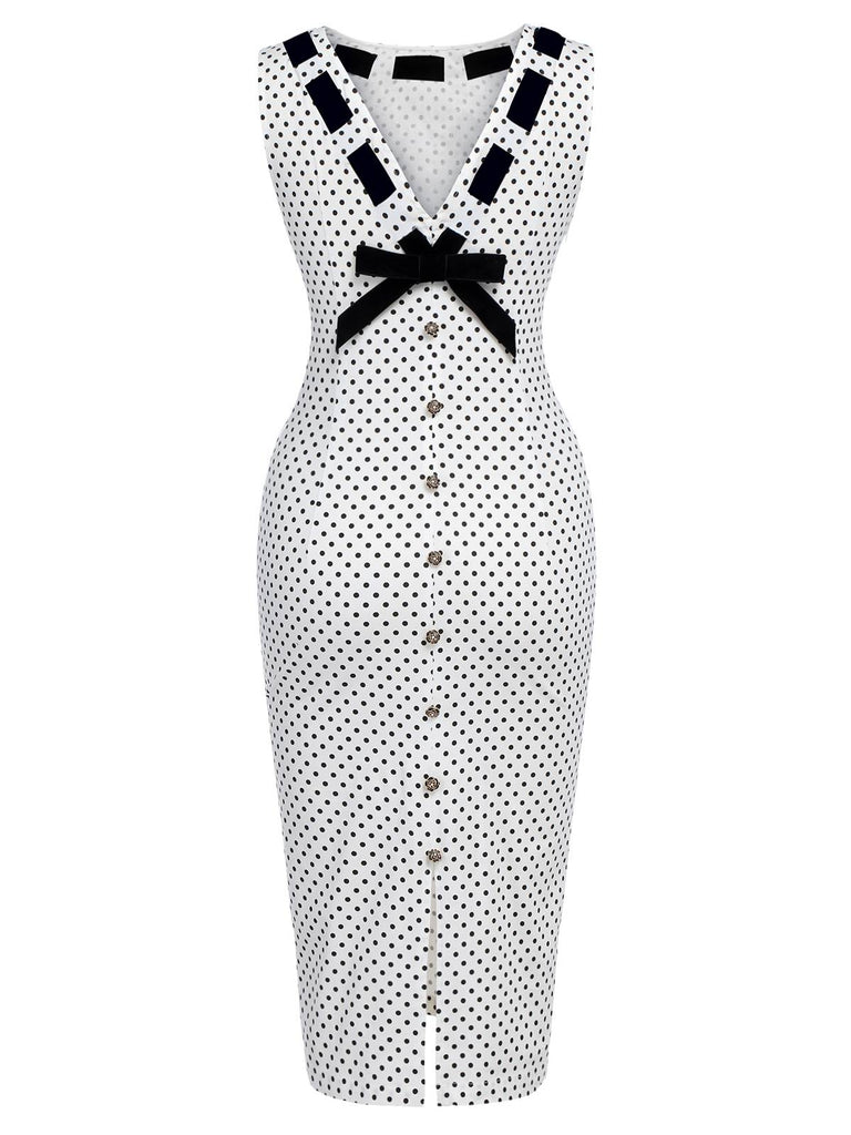 White 1960s Polka Dot Button Pencil Dress