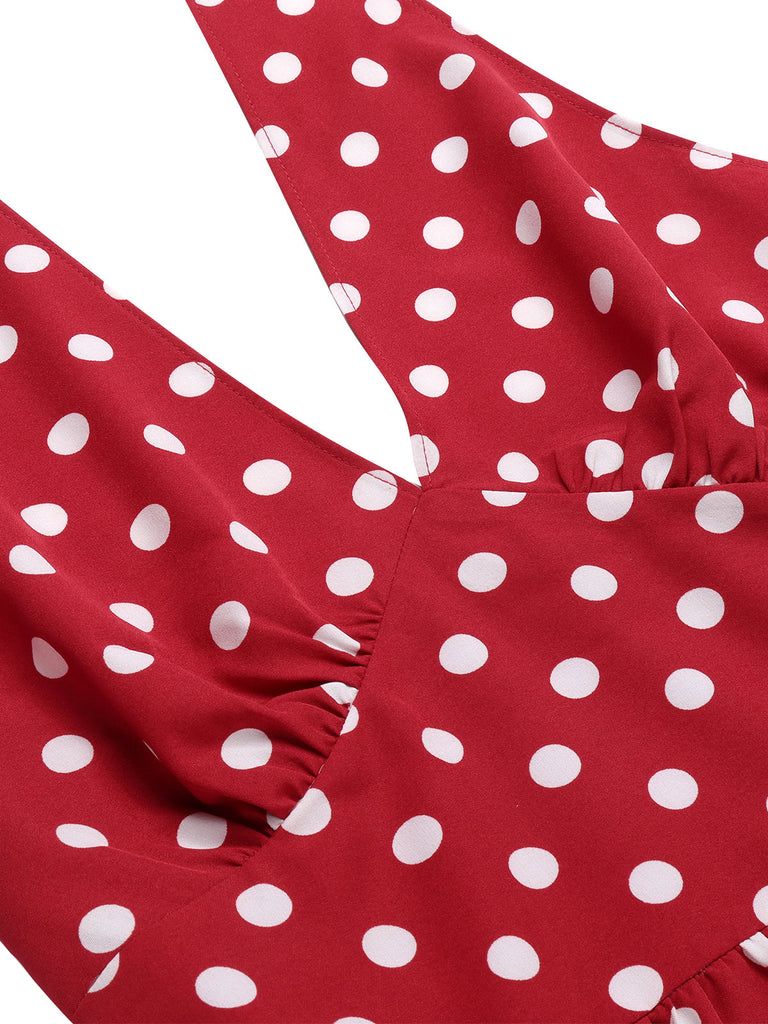 [Plus Size] Red 1950s Polka Dot Halter Dress