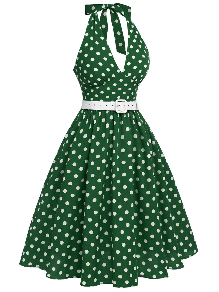 Green 1950s Polka Dot Halter Dress