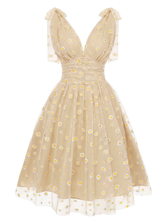 [Pre-Sale] Beige 1950s Daisy Mesh Swing Dress