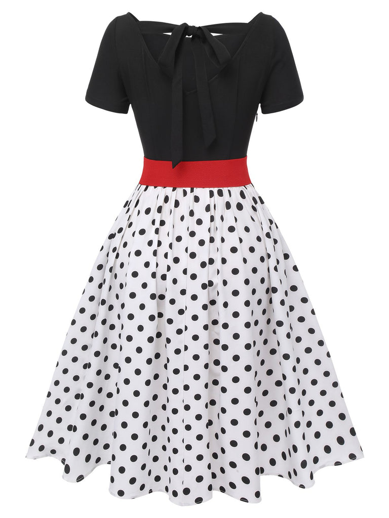 Black 1950s Polka Dots Boat Neck Dress