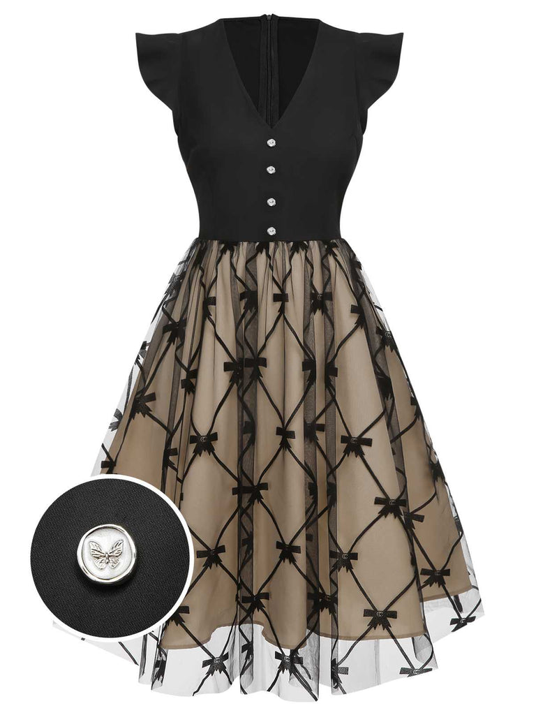 Black 1950s V-Neck Bow Mesh Dress