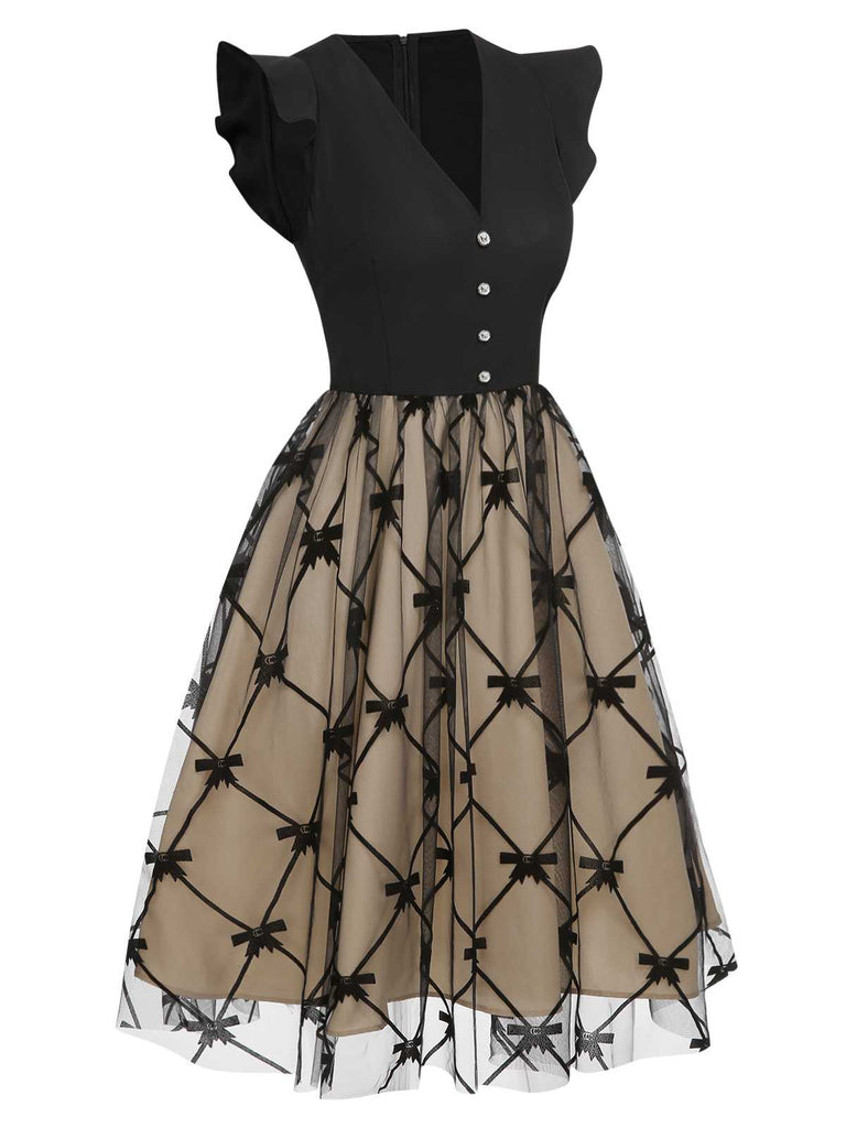 Black 1950s V-Neck Bow Mesh Dress