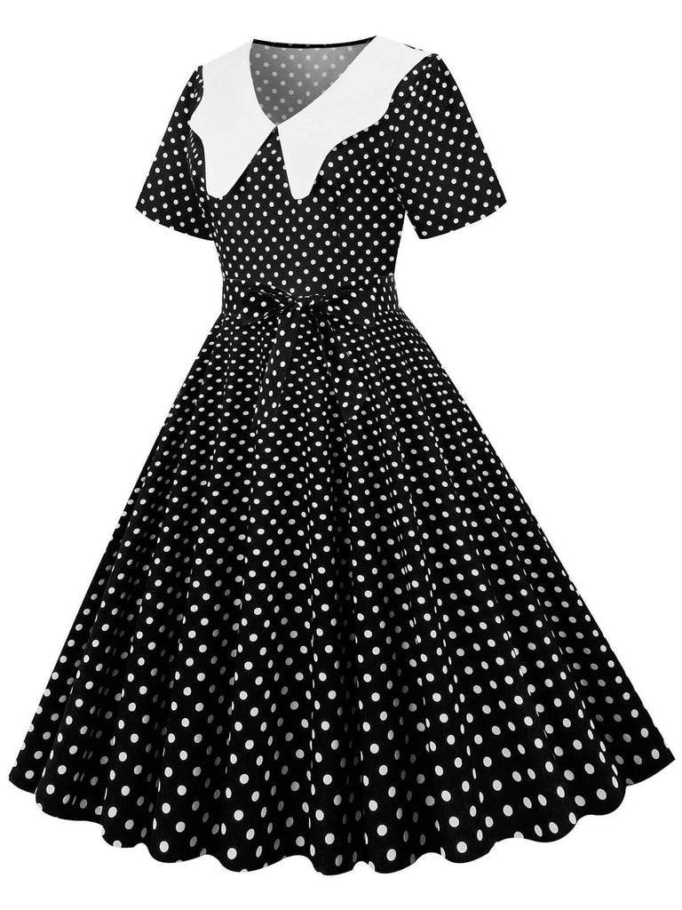 White Collar Polka Dot Swing Dress With Belt