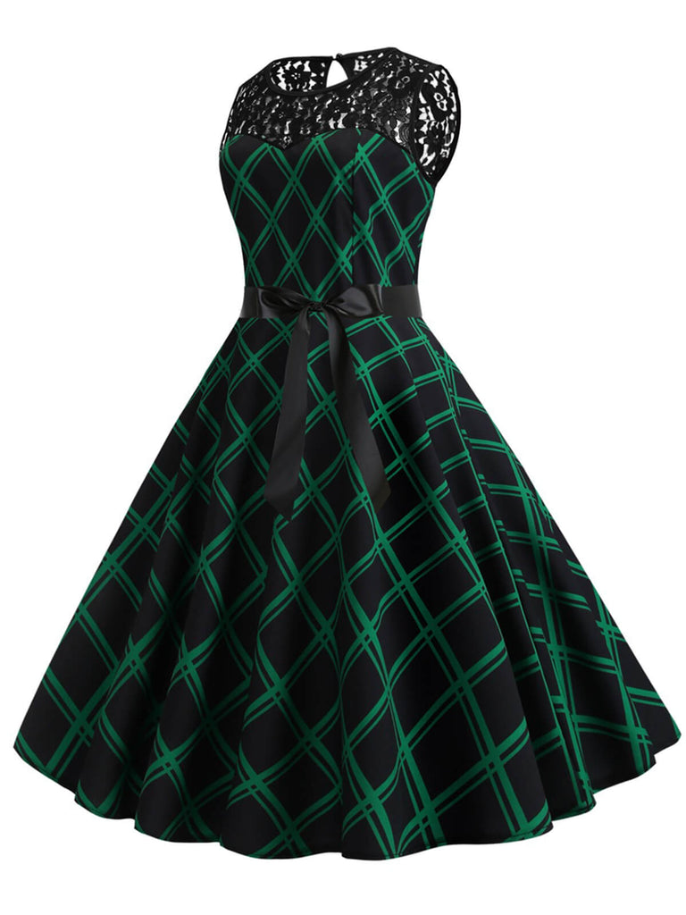 Green & Black 1950s Plaid Lace Patchwork Dress