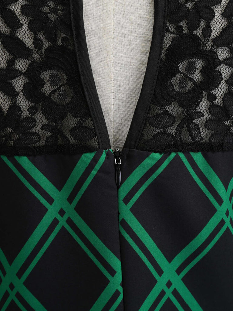 Green & Black 1950s Plaid Lace Patchwork Dress