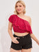 [Plus Size] Red 1930s Polka Dots One-Shoulder Ruffle Sleeves Tops