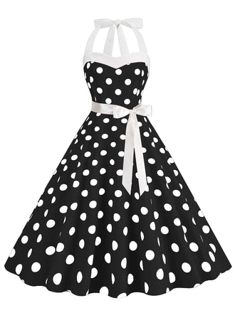 1950s Polka Dot Halter Belt Swing Dress