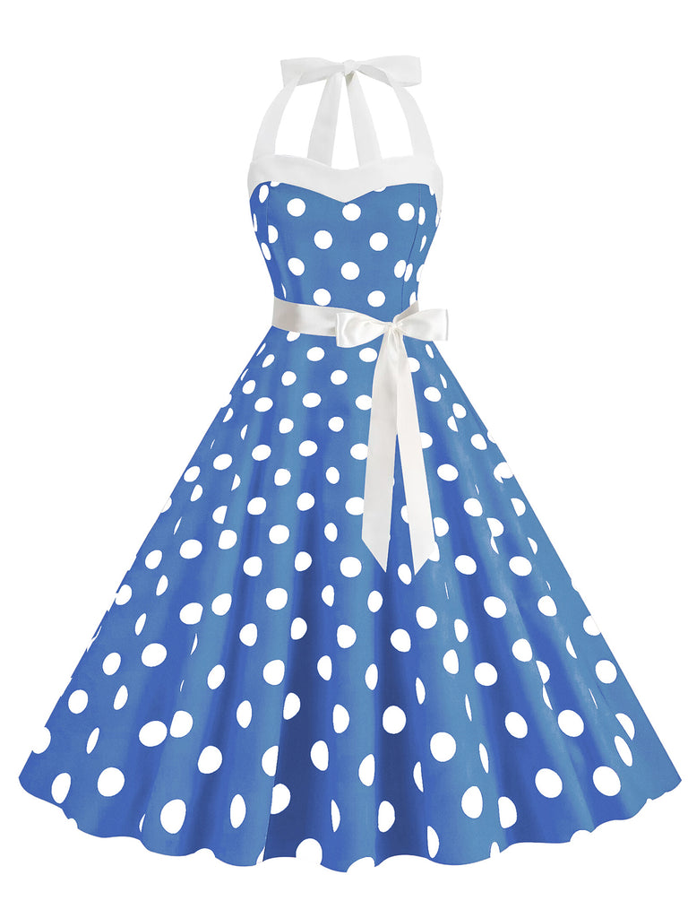 1950s Polka Dot Halter Belt Swing Dress