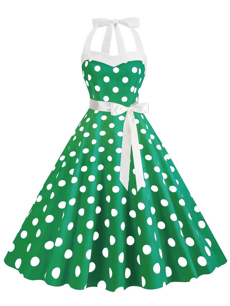 1950s Polka Dot Halter Belt Swing Dress