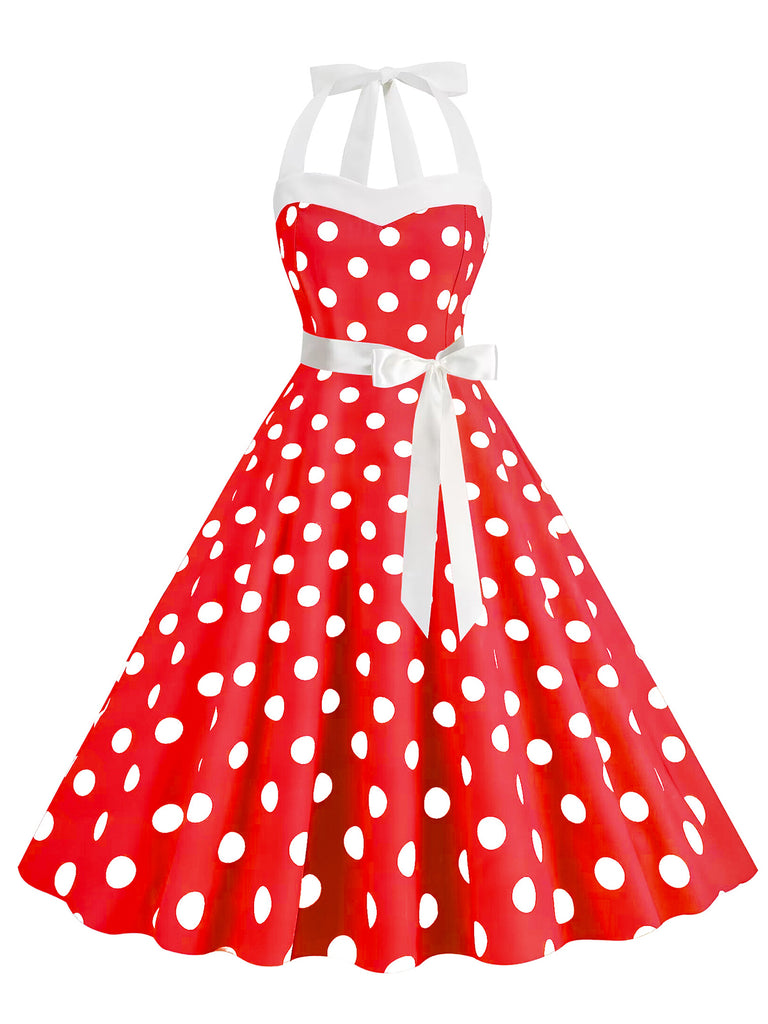 1950s Polka Dot Halter Belt Swing Dress