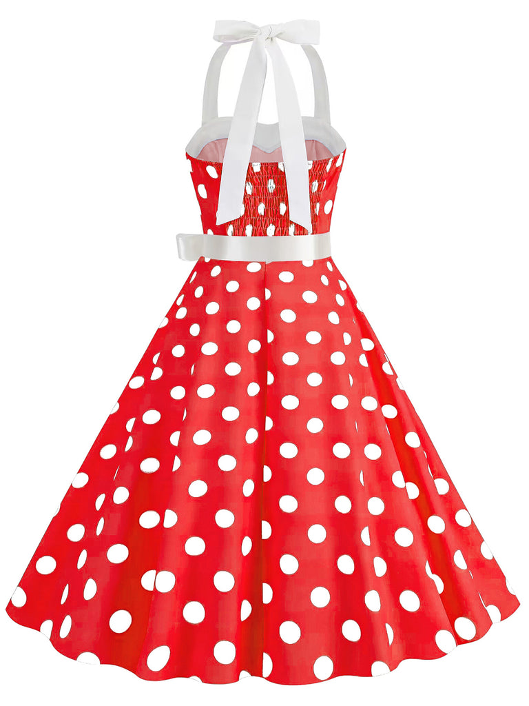 1950s Polka Dot Halter Belt Swing Dress