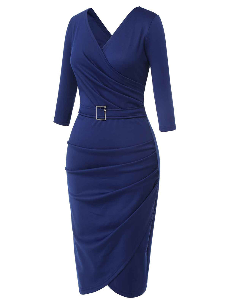 Blue 1940s Solid V-Neck Dress with Belt
