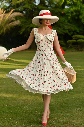White 1950s Cherry Bow Sweetheart Neck Dress