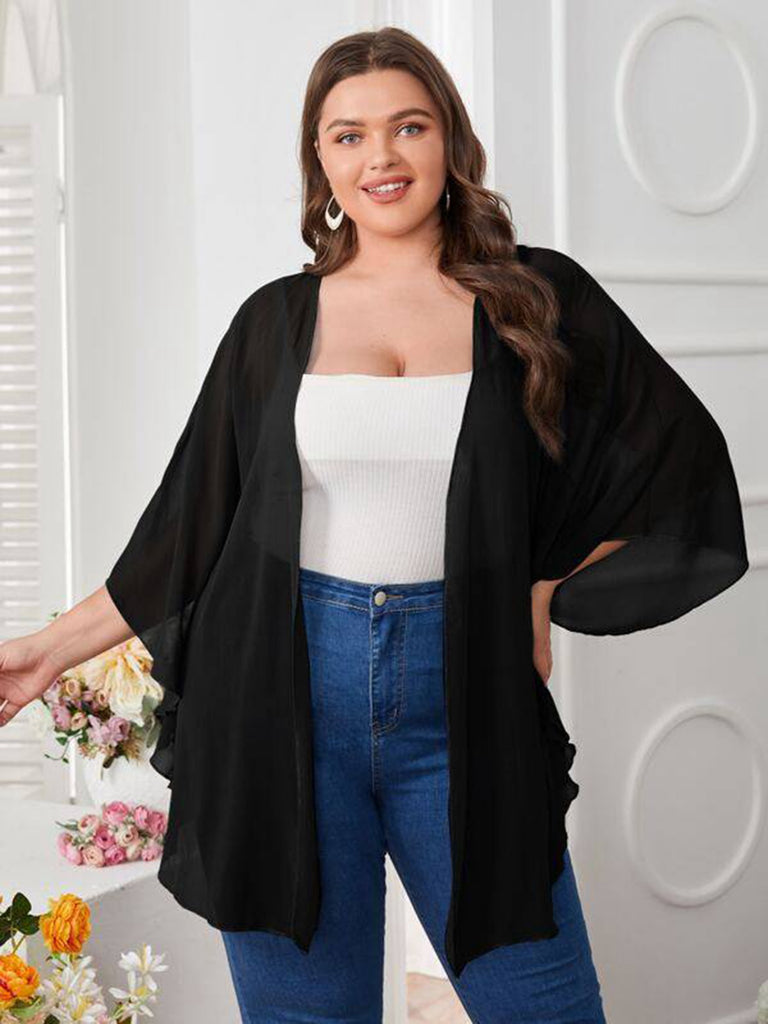 [Plus Size] Black 1960s Solid Dolman Sleeve Loose Cover Up