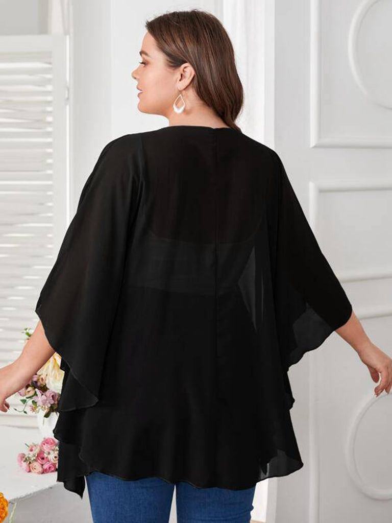 [Plus Size] Black 1960s Solid Dolman Sleeve Loose Cover Up