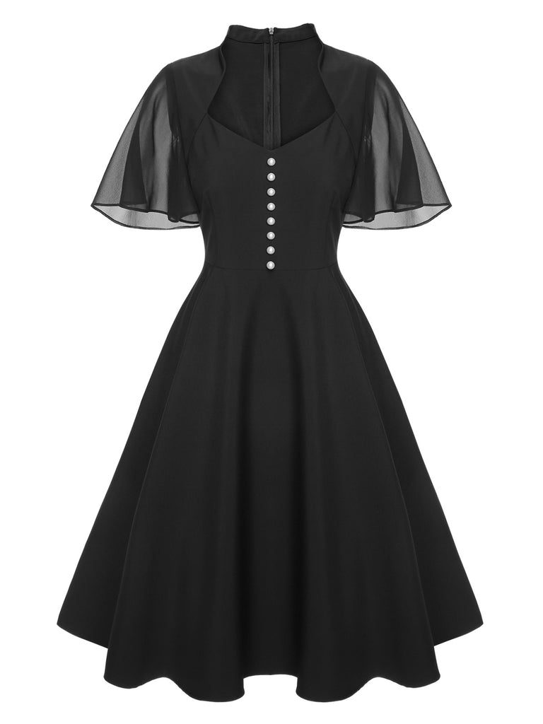 [Pre-Sale] Black 1950s V-Neck Pearl Buttons Dress