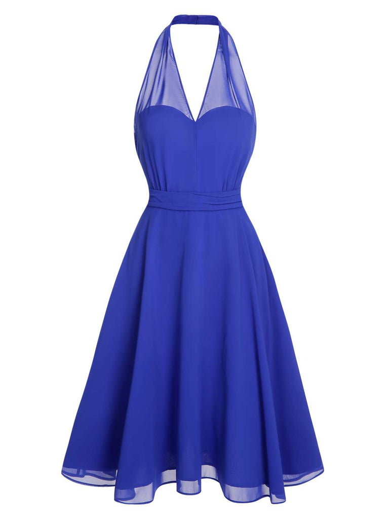 Blue 1950s Solid Chiffon Halter Dress