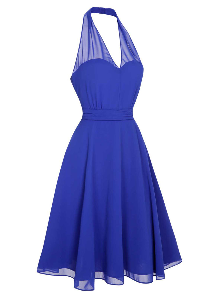 Blue 1950s Solid Chiffon Halter Dress